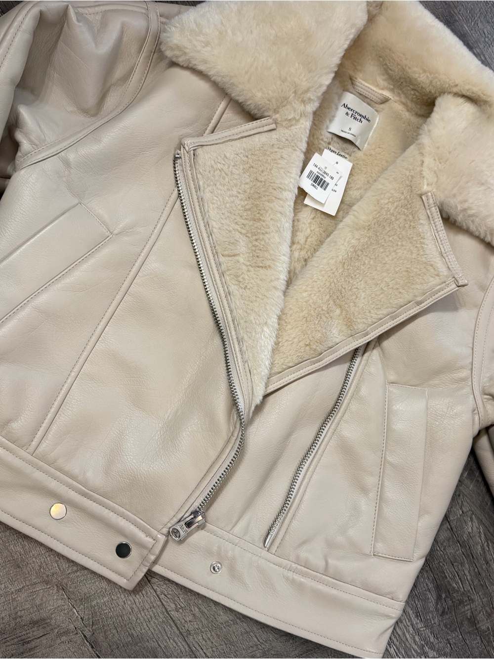 Abercrombie & Fitch Cream Leather Shearling Moto Jacket